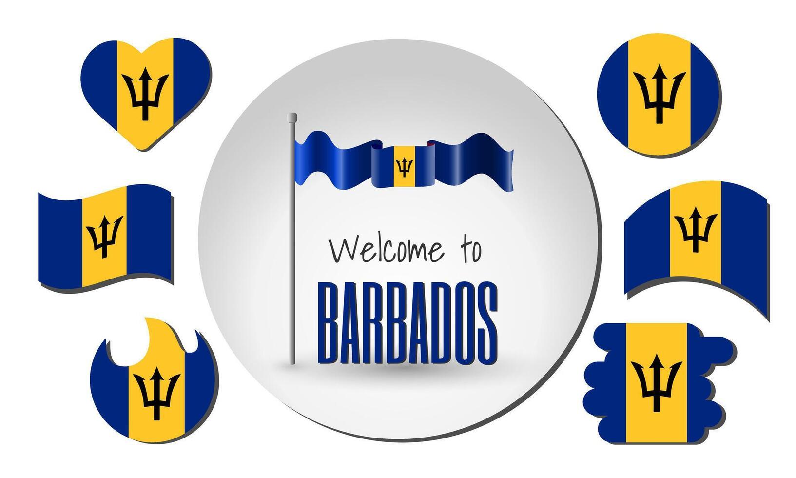 Waving flag of Barbados with the inscription Welcome to Barbados. Different versions of the flag in the shape of a heart, circle, arc, etc. vector