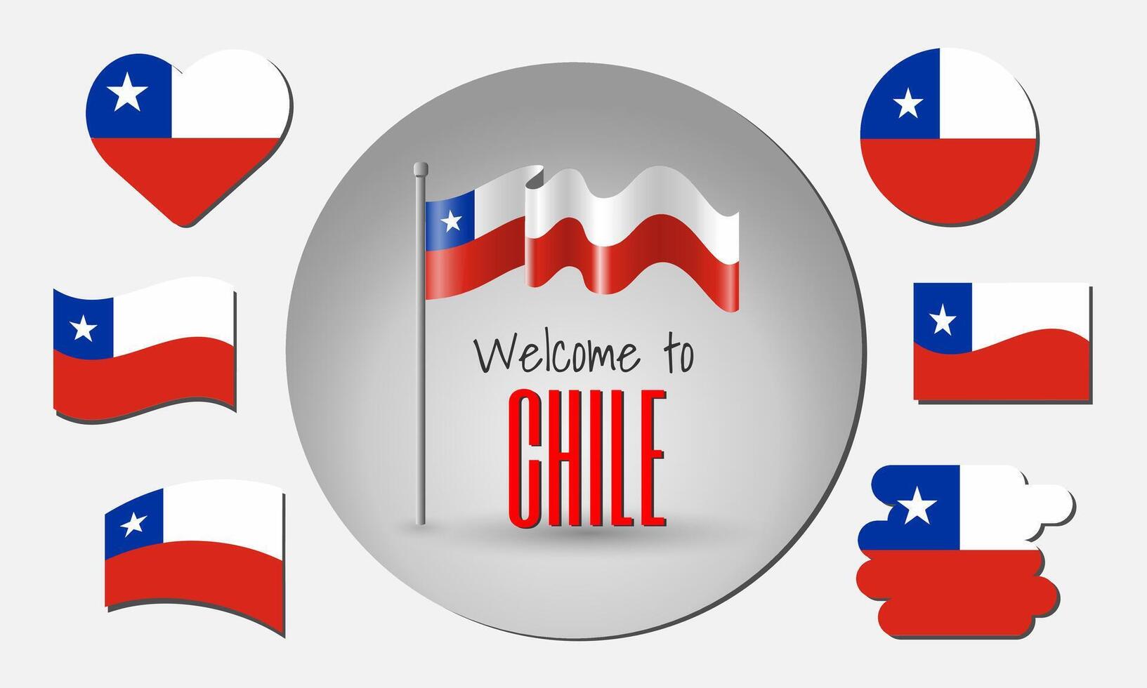 Waving flag of Chile with the inscription Welcome to Chile. Different versions of the flag in the shape of a heart, circle, arc, etc. vector