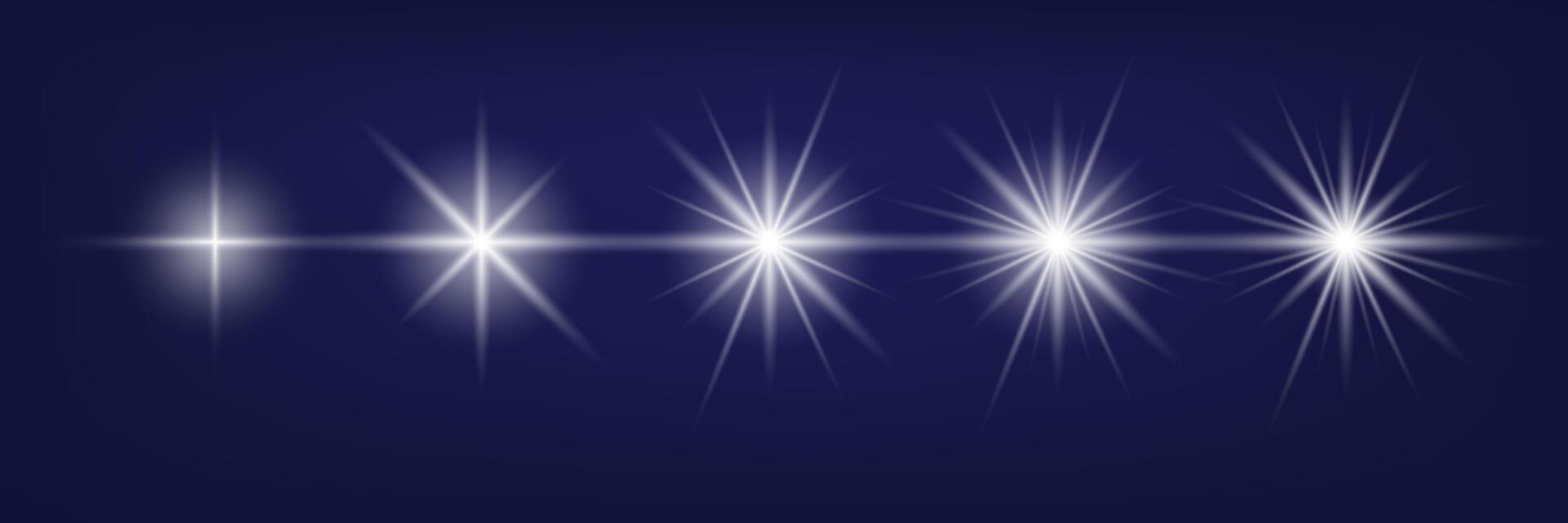 Set of shiny light stars rays for decoration on blue background, shine, glare vector