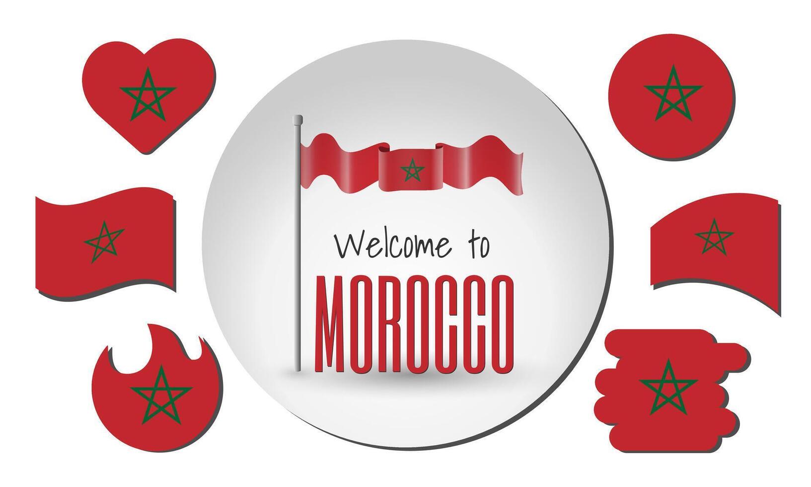 Set of Morocco flags and waving Morocco flag with the inscription Welcome to Morocco vector