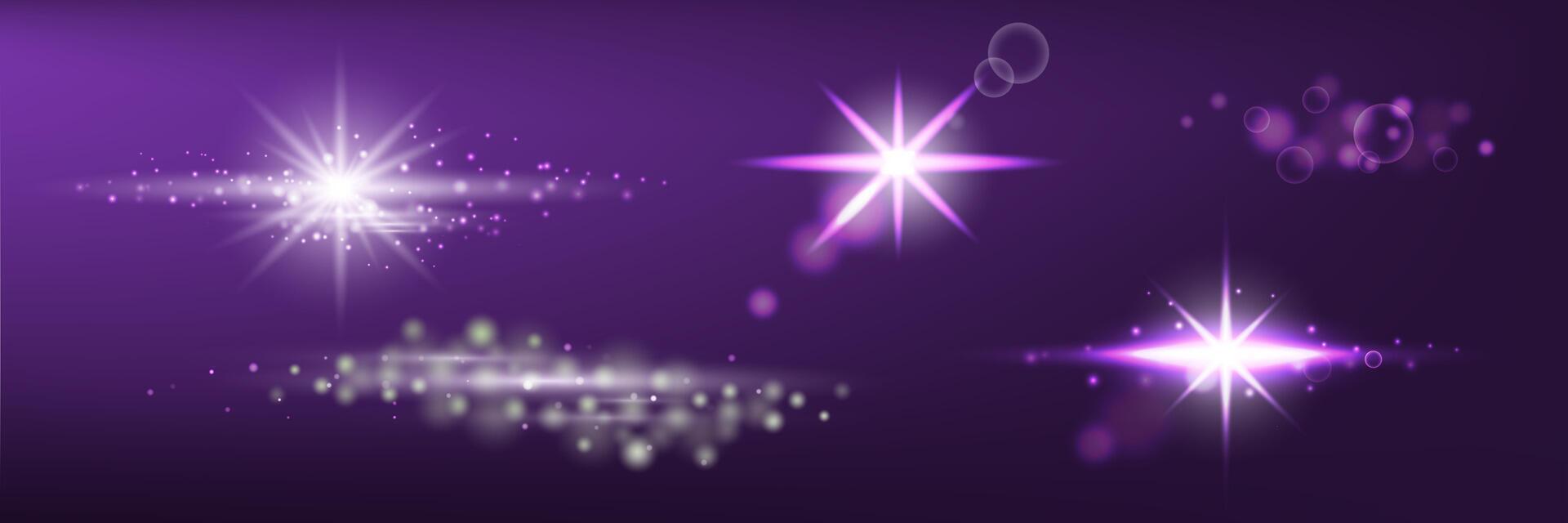 Set of shiny neon light elements for decoration on purple background vector
