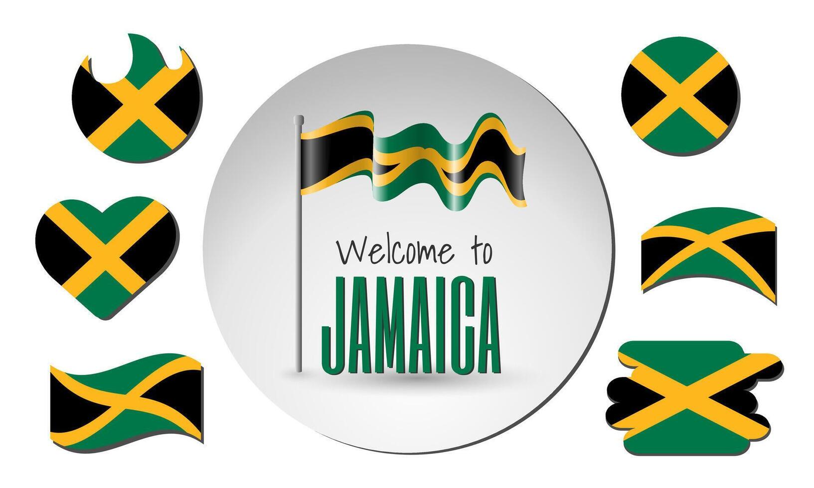 Waving flag of Jamaica with the inscription Welcome to Jamaica. Different versions of the flag in the shape of a heart, circle, arc, etc. vector