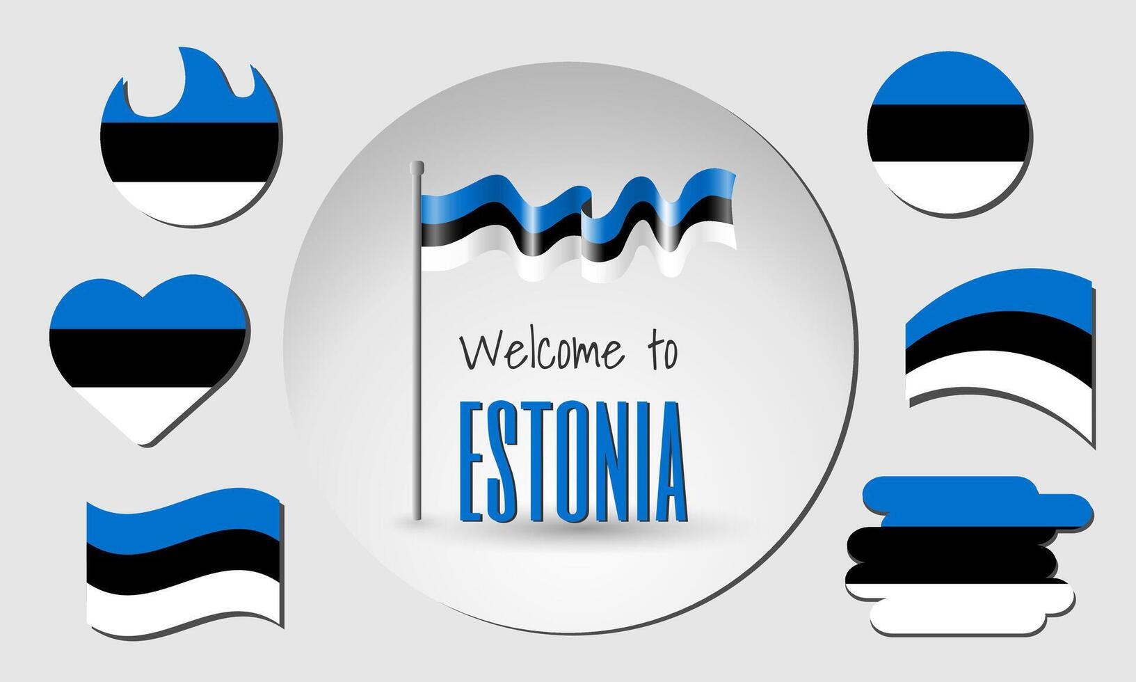 Waving flag of Estonia with the inscription Welcome to Estonia. Different versions of the flag in the shape of a heart, circle, arc, etc. vector