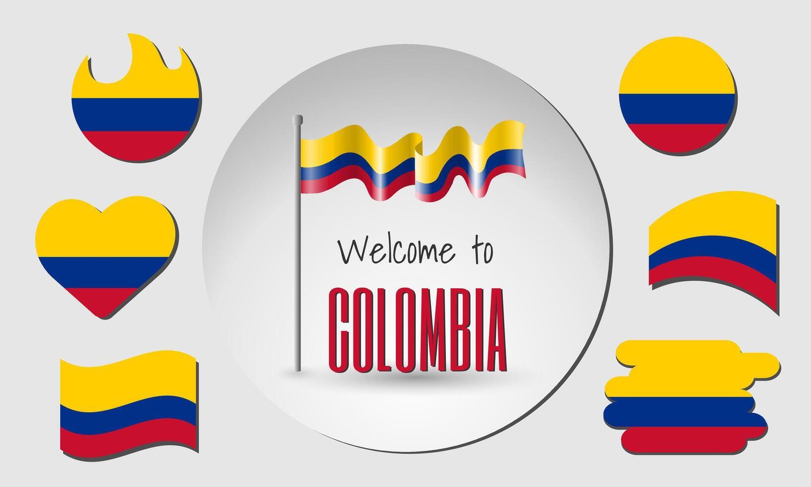 Set of Colombia flags and waving Colombian flag in vecto with the inscription Welcome to Colombia. vector