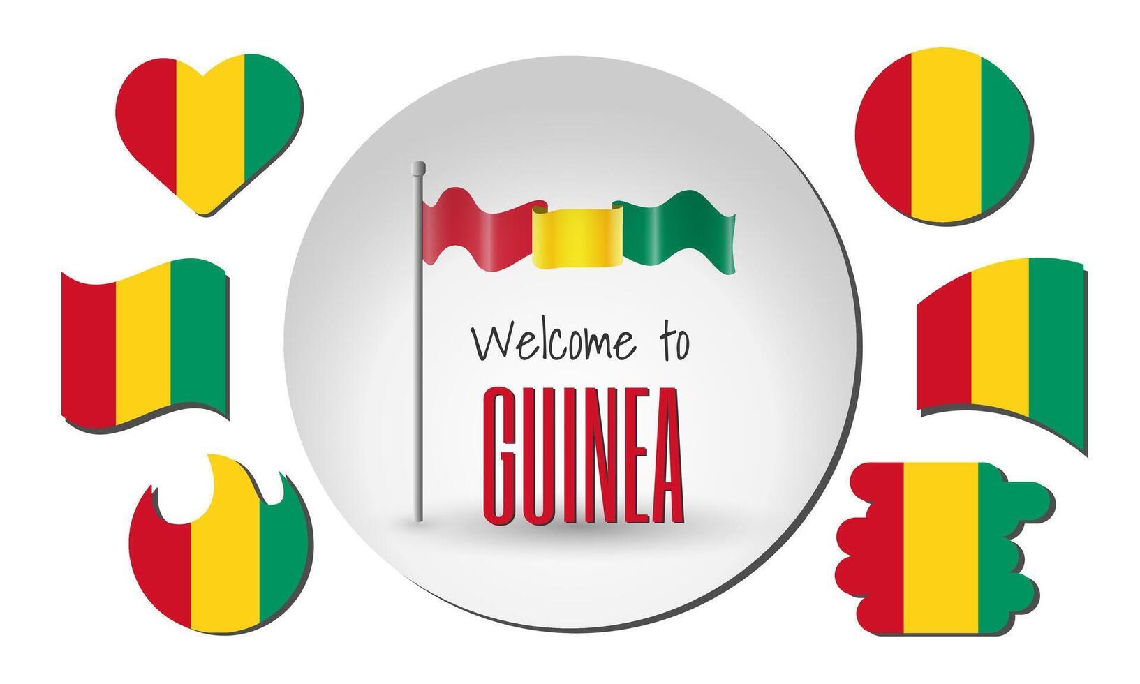 Set of Guinea flags and waving Guinea flag with the inscription Welcome to Guinea vector