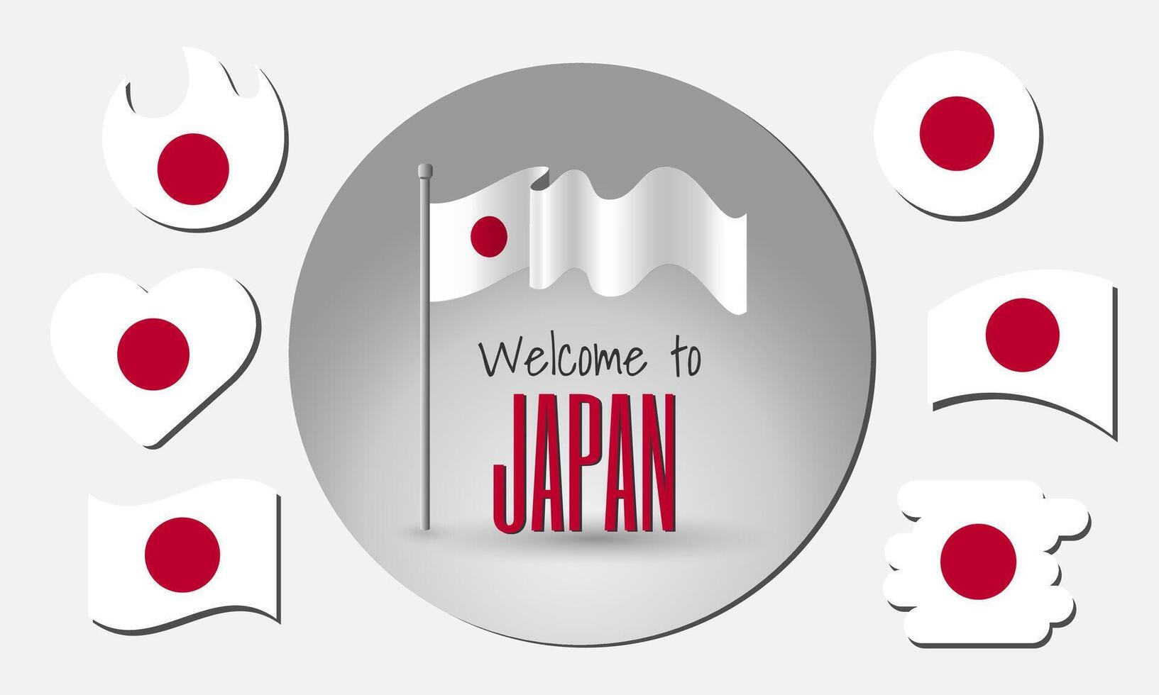 Waving flag of Japan with the inscription Welcome to Japan. Different versions of the flag in the shape of a heart, circle, arc, etc. vector