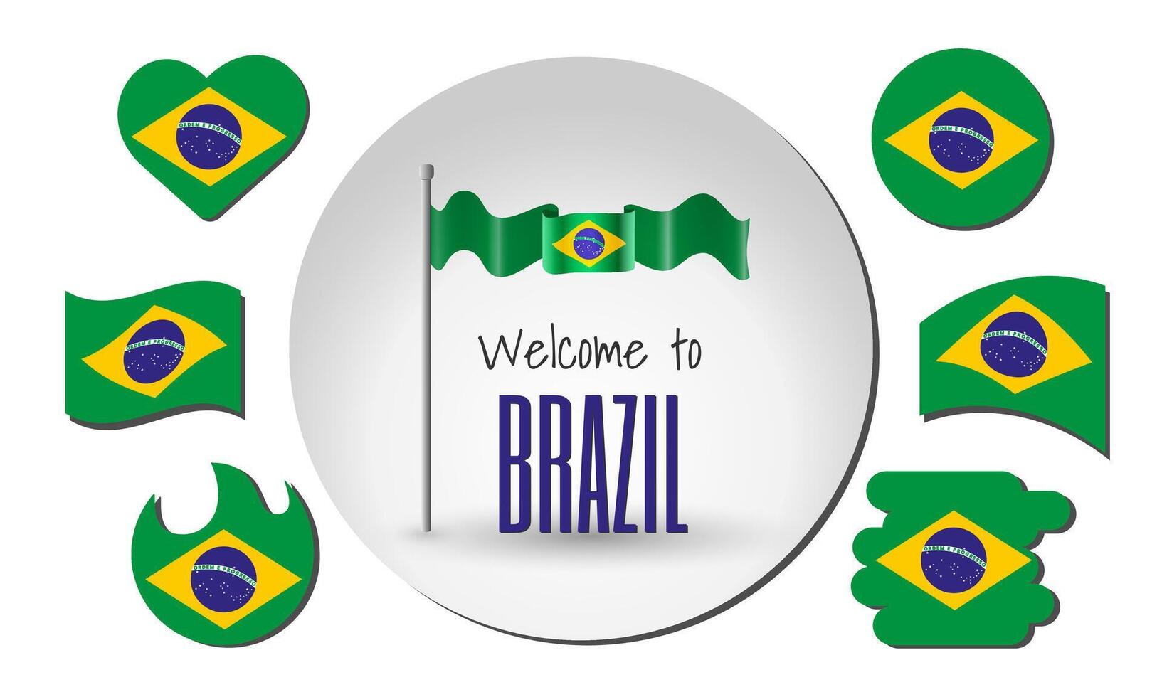 Waving flag of Brazil with the inscription Welcome to Brazil. Different versions of the flag in the shape of a heart, circle, arc, etc. vector