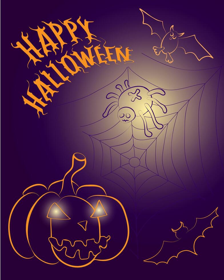 Halloween with pumpkin, bats, and spiderweb vector