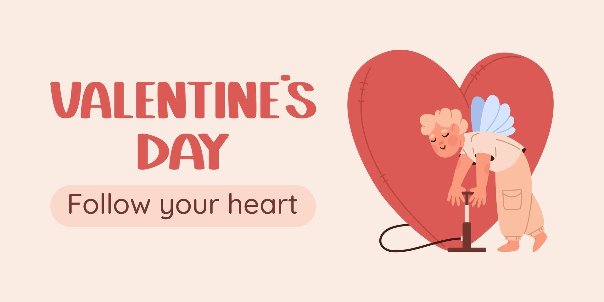 Happy Valentines day vertical poster. Cupid inflates large heart shaped balloon with pump. Design template, funny illustration vector