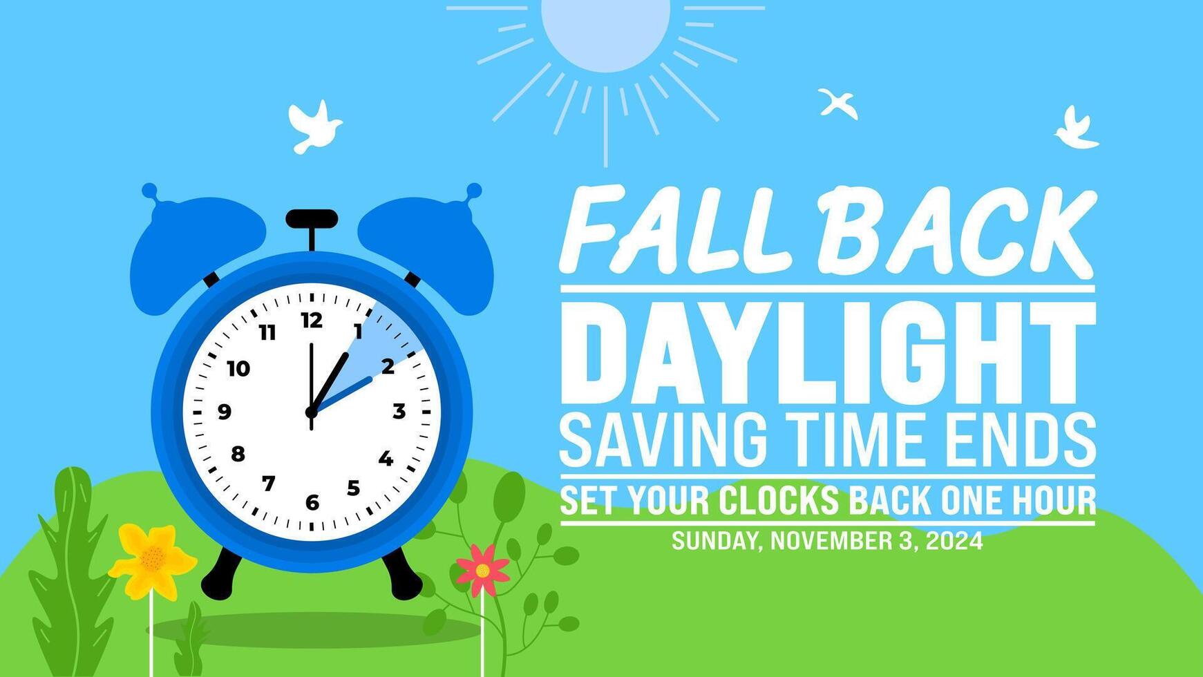 Fall Back daylight saving time ends 2024 background or banner design template. Fall Back Time 2024 is observed every year in November. Set Your Clock Back One Hour banner with clock. vector