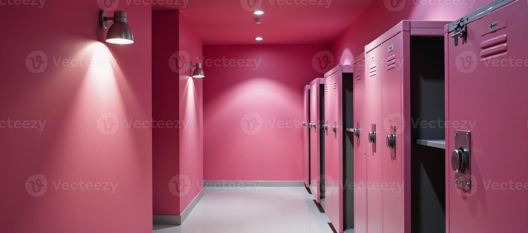 Vibrant pink hallway with modern lockers and sleek lighting evokes a captivatingly contemporary ambiance photo