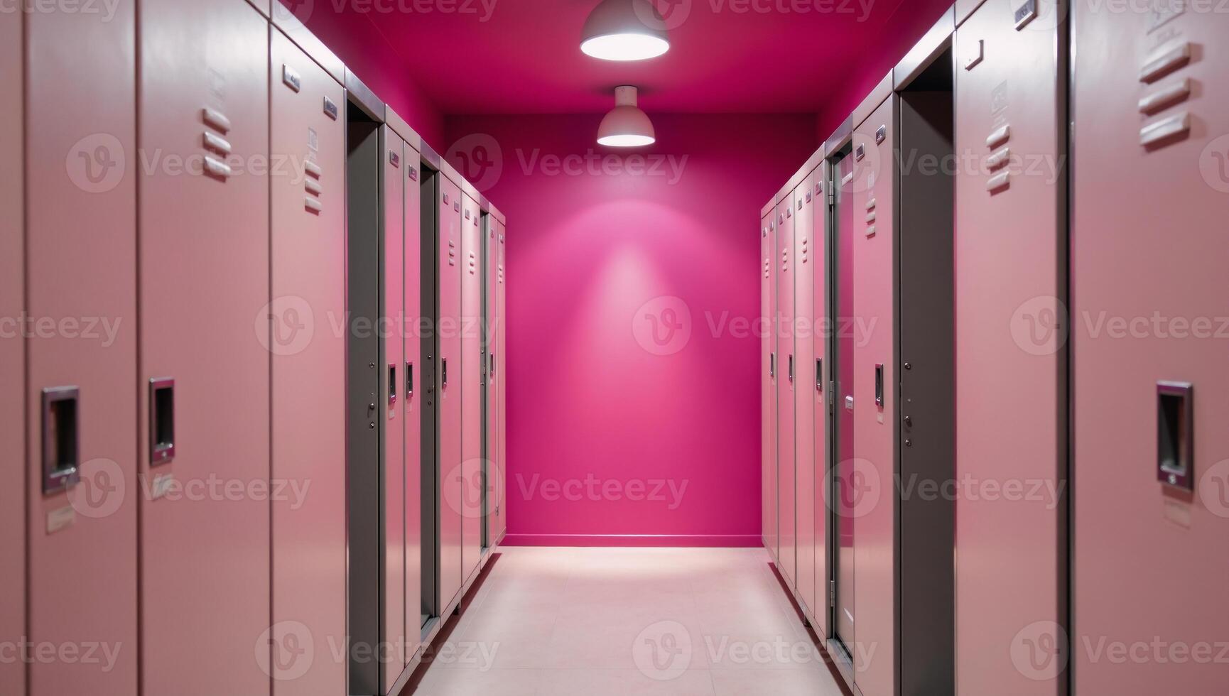 Vibrant pink hallway with modern lockers and sleek lighting evokes a captivatingly contemporary ambiance photo