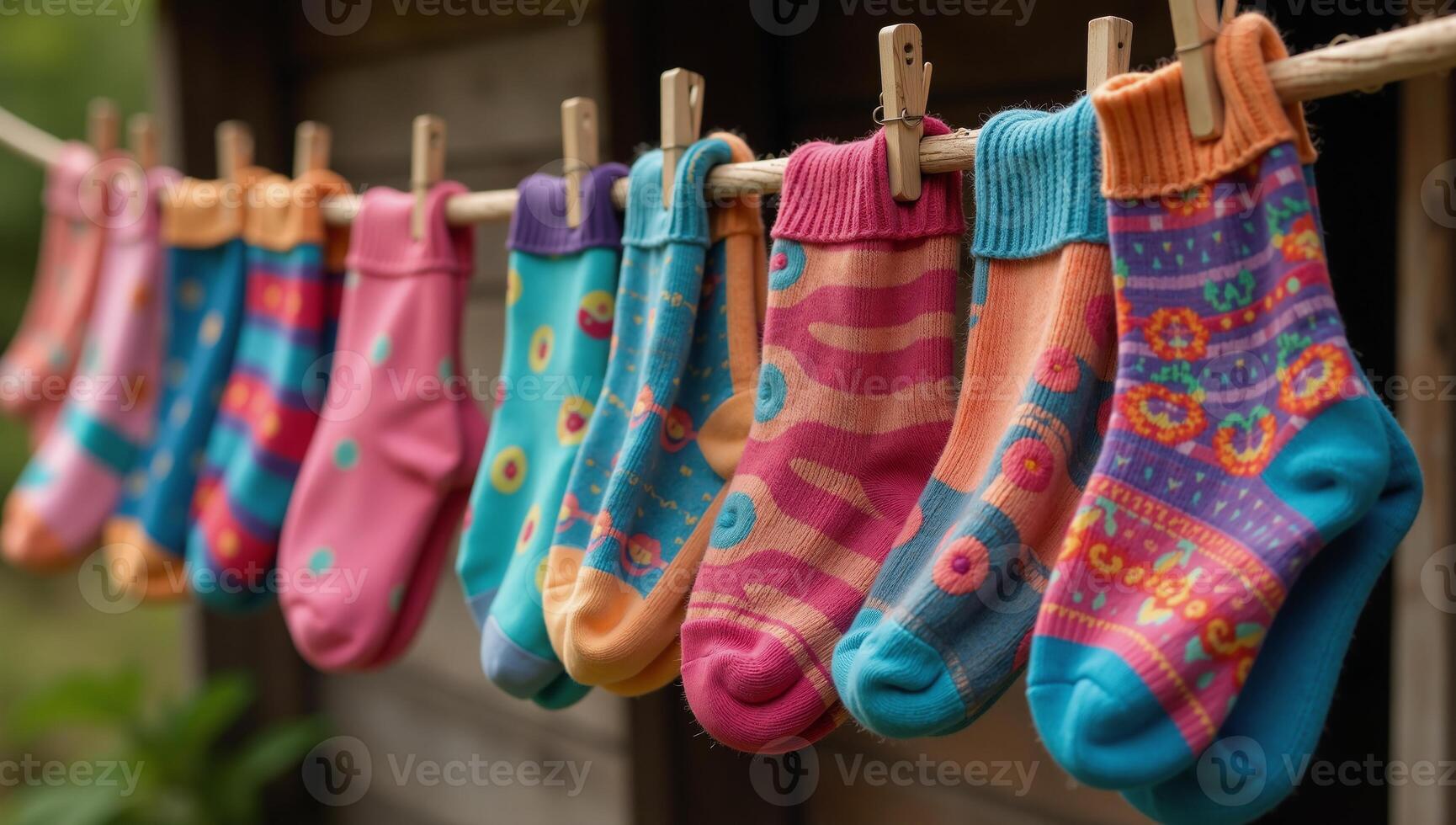 Childrens colorful socks with patterns hanging to dry on a line photo