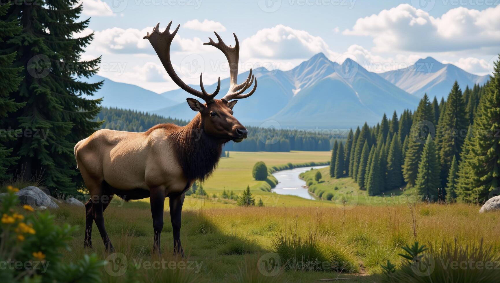 Majestic elk depicted amidst vast North AmericanRussian wilderness embodying wilderness wildlife flora photo