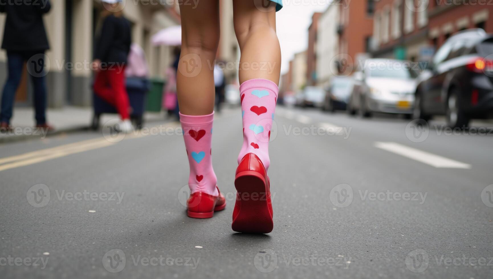 Woman in Valentinethemed attire pink socks with red blue hearts red shoes fun and loving concept photo