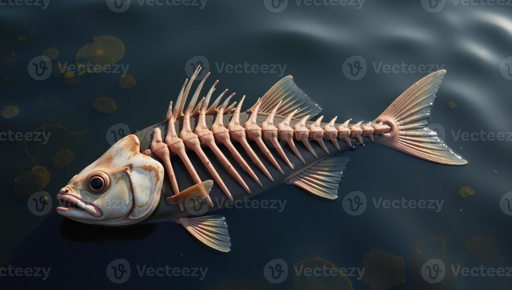 An oilcovered fish skeleton floating within polluted waters photo
