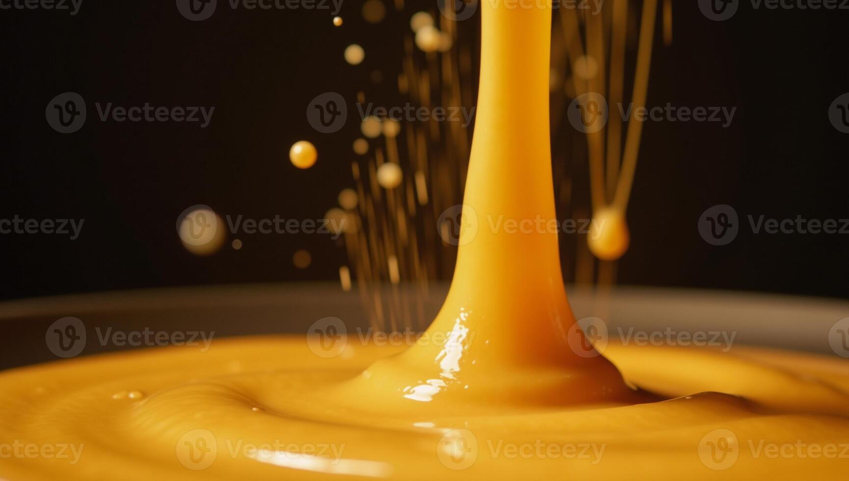 Cheddar cheese sauce splashes midair while drizzling downwards photo