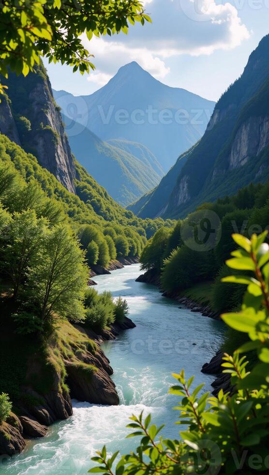 A summer landscape showcases a picturesque mountainous scene with verdant rivers and lush greenery photo