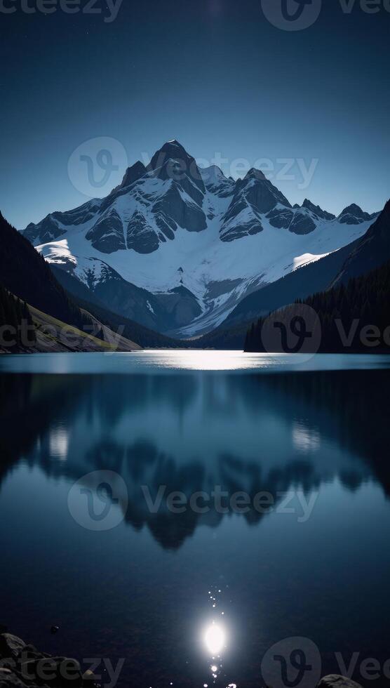 Nighttime mountain landscape featuring a serene lake photo