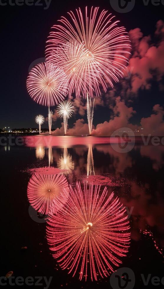 Firework displays over mirrored river surface with reflections photo