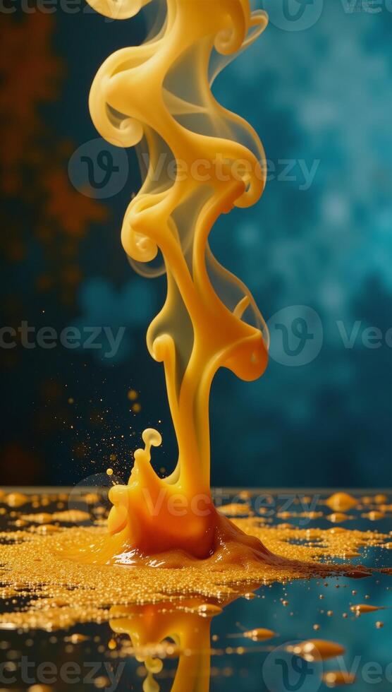 Abstract art with defocused smoke waves and paint droplets depicting yelloworange colored fumes splashing over a shimmery glitter texture background photo