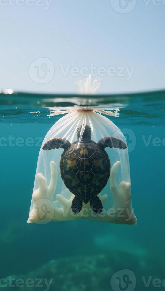 Turtle trapped in plastic waste amidst oceans WODEnvironmental Pollution theme photo
