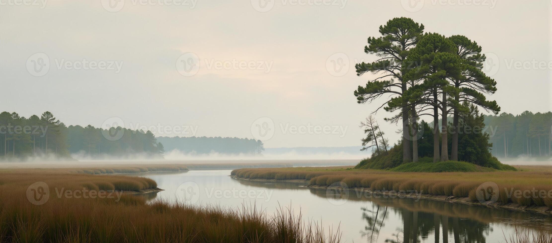 An oil painting depicting misty marshland scenery with a gritty brushstroke aesthetic photo