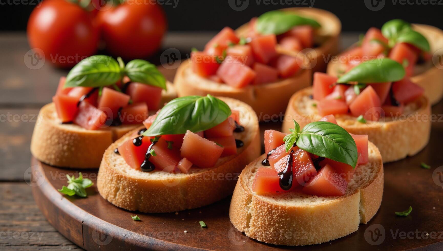 Toast ciabatta bread on wood table top with diced tomatobasil mixture drizzle with balsamic glaze photo