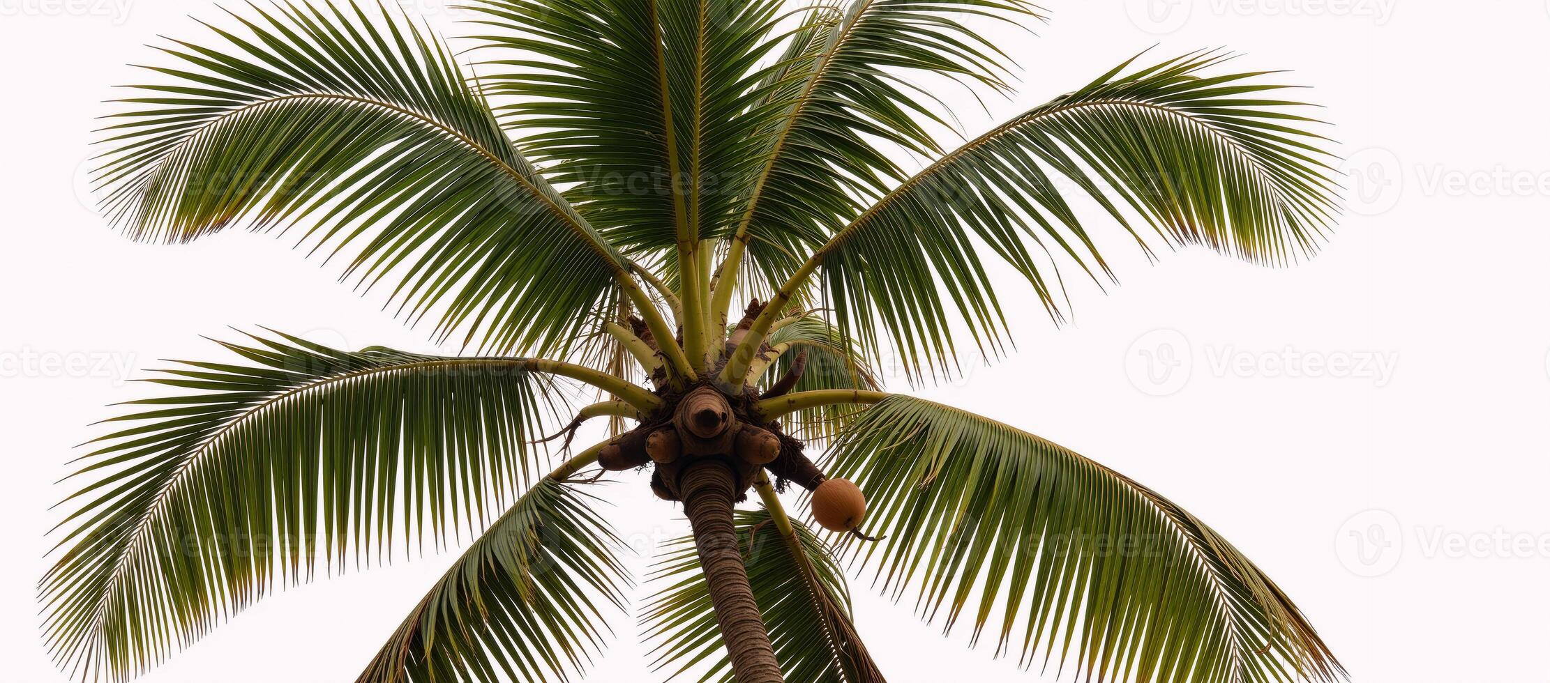 Palm tree with a coconut atop tall and leafy isolated against a white background photo