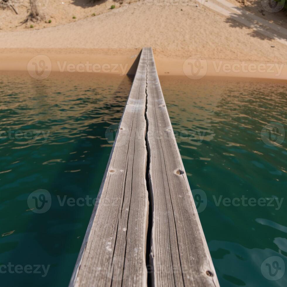Abstract river scene water and natural elements depicted on an old wooden slab with a darkturquoise epoxy finish viewed from above over a sandy beach and riverbanks drone perspective photo