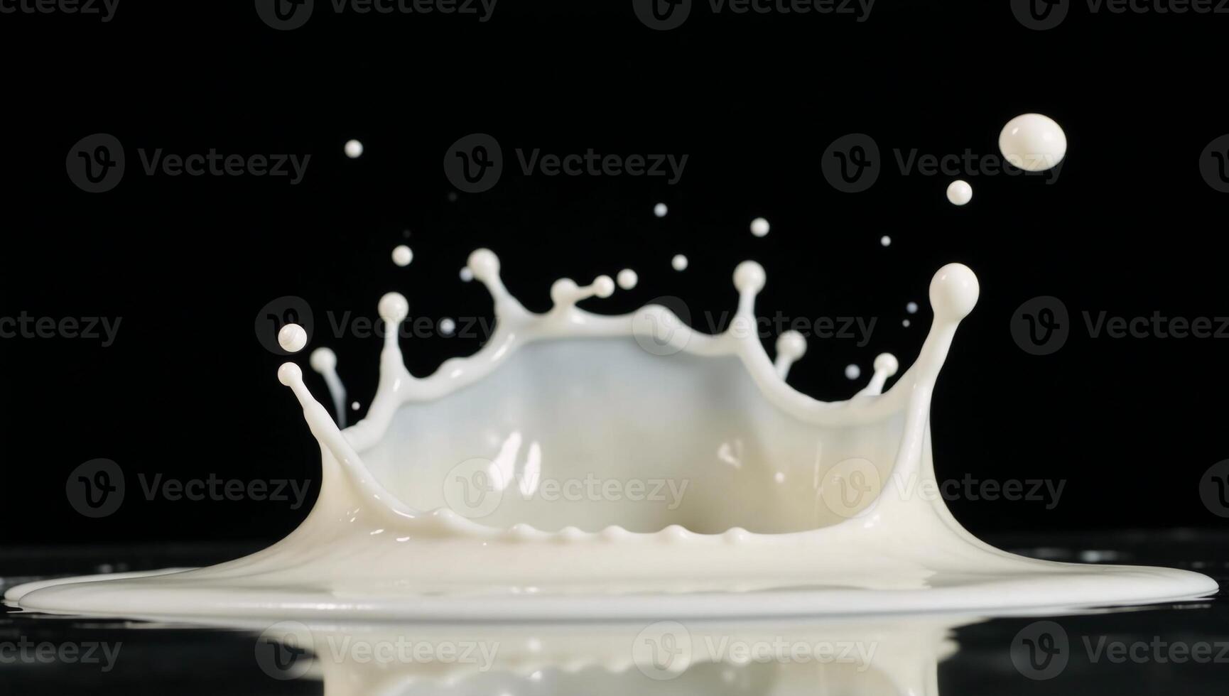 Highspeed image of dynamic milk splash against black backdrop representing dairy concept through dynamic motion and texture photo