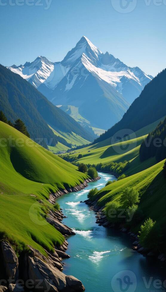Serene mountain landscape with river and green hills depicted digitally in art style photo