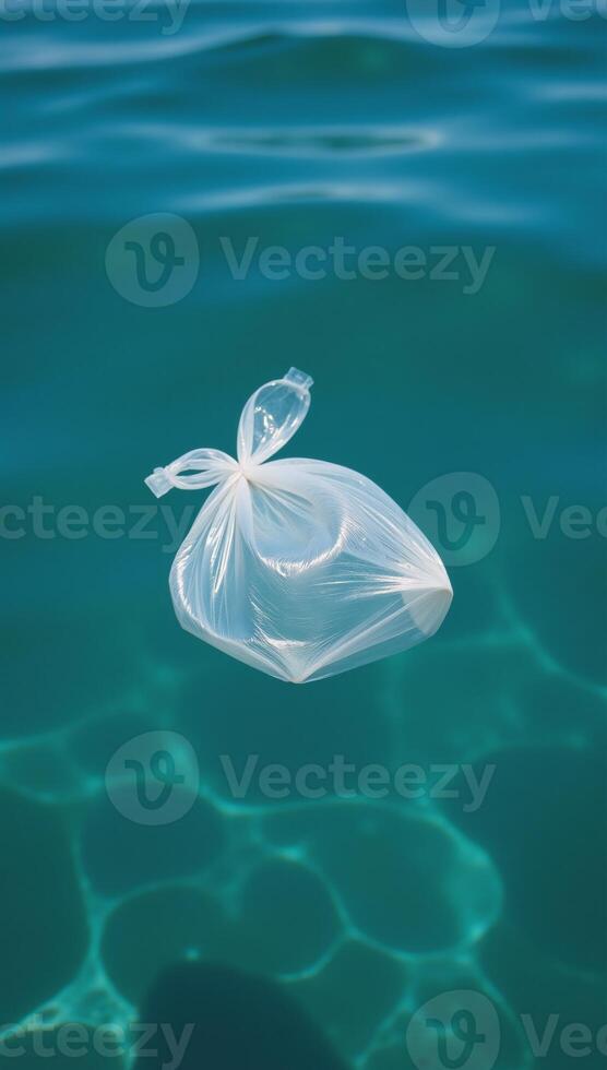 Plastic bag floats in clear ocean water emphasizing marine pollutions environmental impact photo