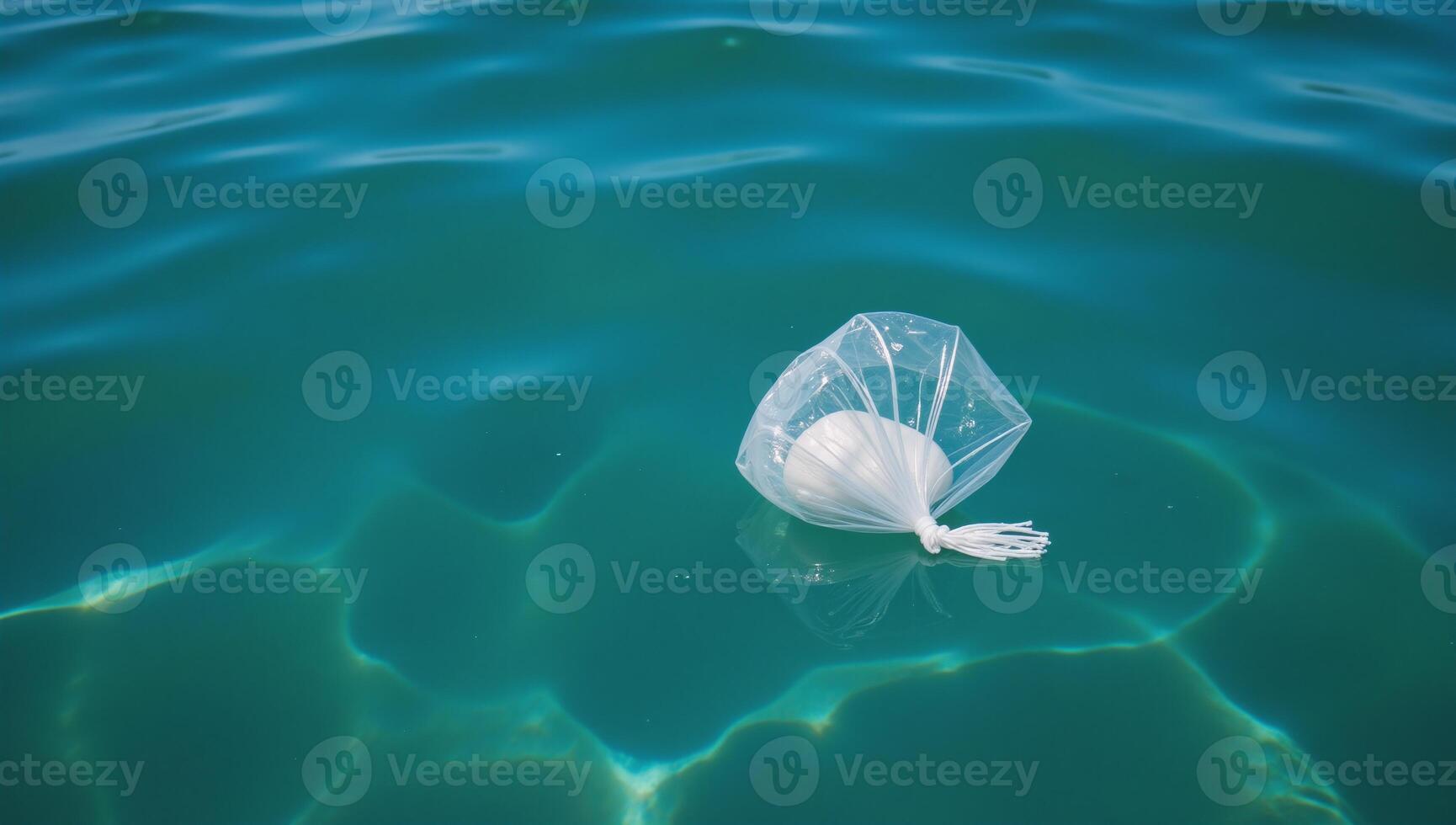 Plastic bag floats in clear ocean water emphasizing marine pollutions environmental impact photo