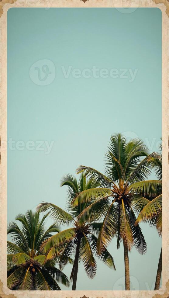 Vintagestyled retrotoned poster showcases a tranquil scene of coconut palms and skies photo
