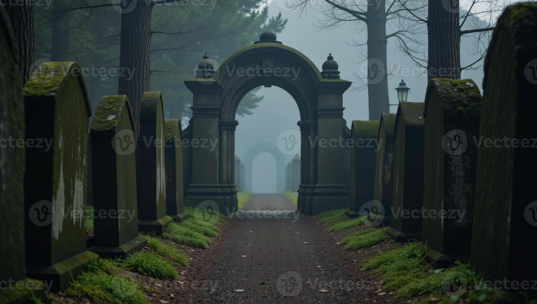 Misty forest path amidst weathered tombstones shrouded in fogs embrace photo