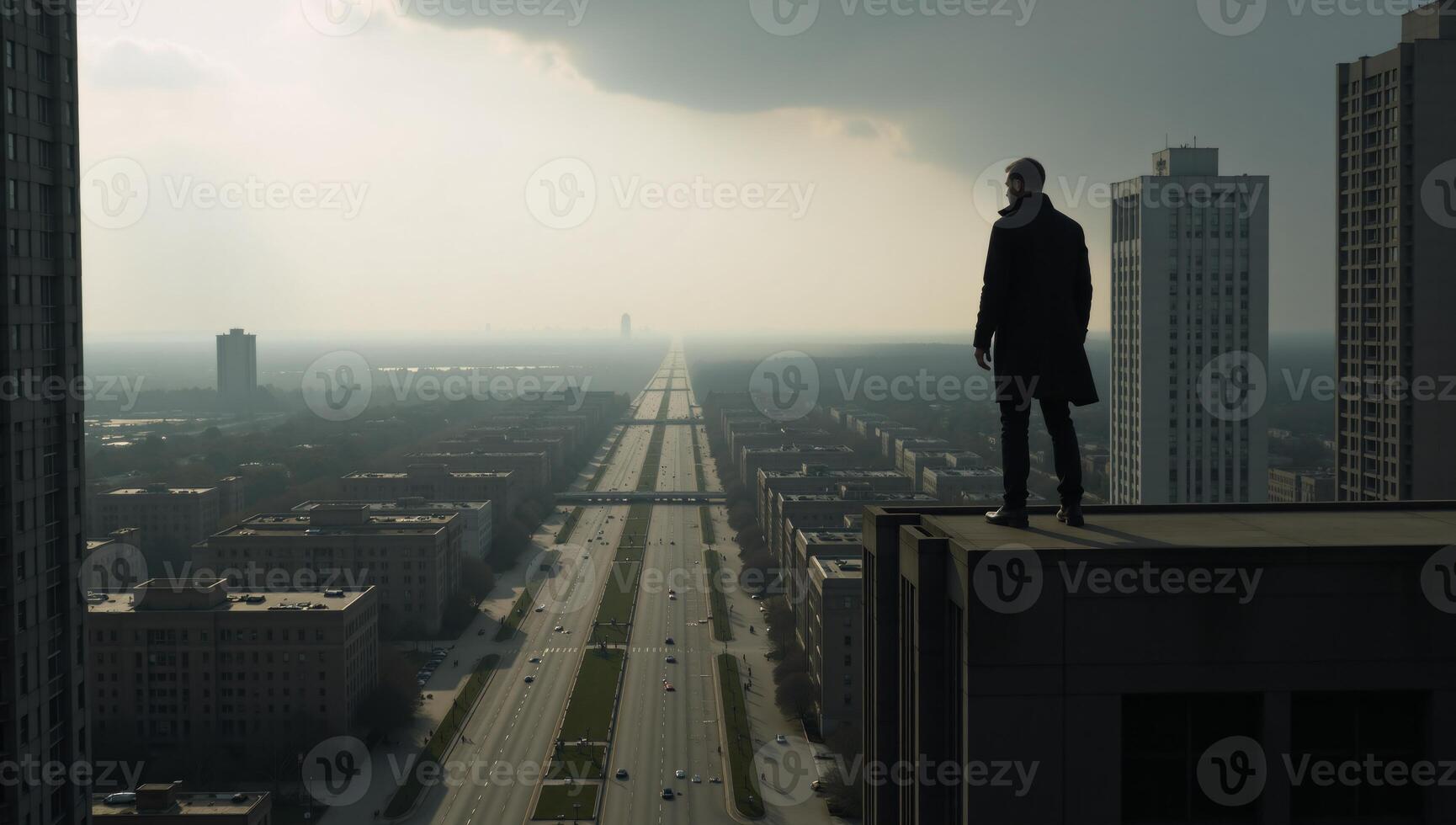 A serene deserted urban landscape forms the backdrop of the scene photo