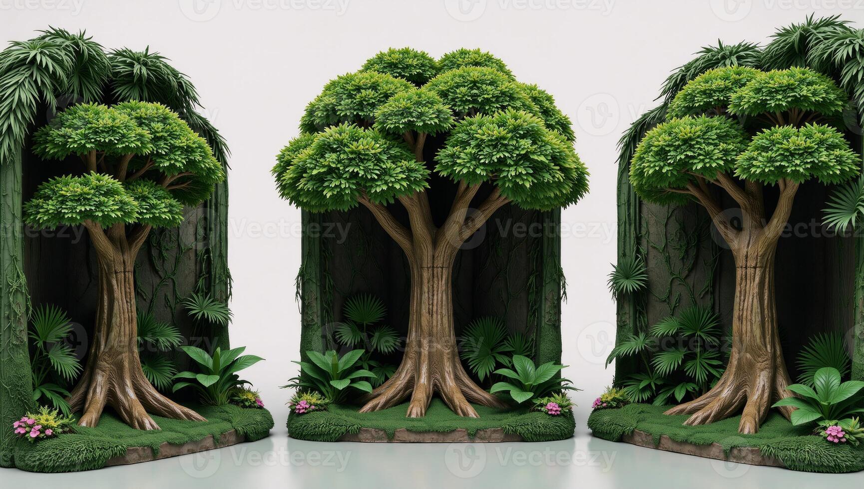 Digital artwork featuring jungle tree silhouettes against layered 3D rendered background scenes photo