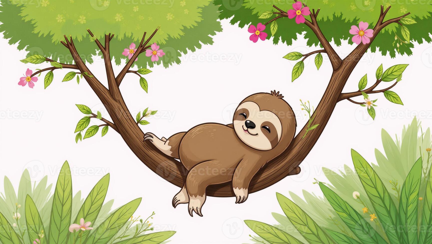Cartoon sloth lounges on tree branch amidst flora in natural setting sketch illustration photo