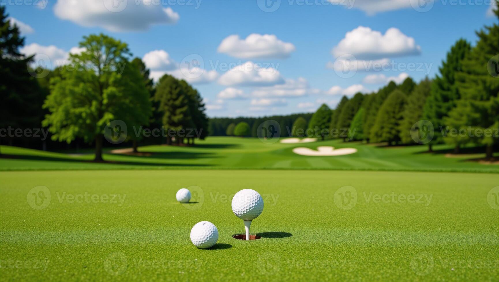 Stylized image featuring peaceful golf course landscape with undulating greens and towering trees photo