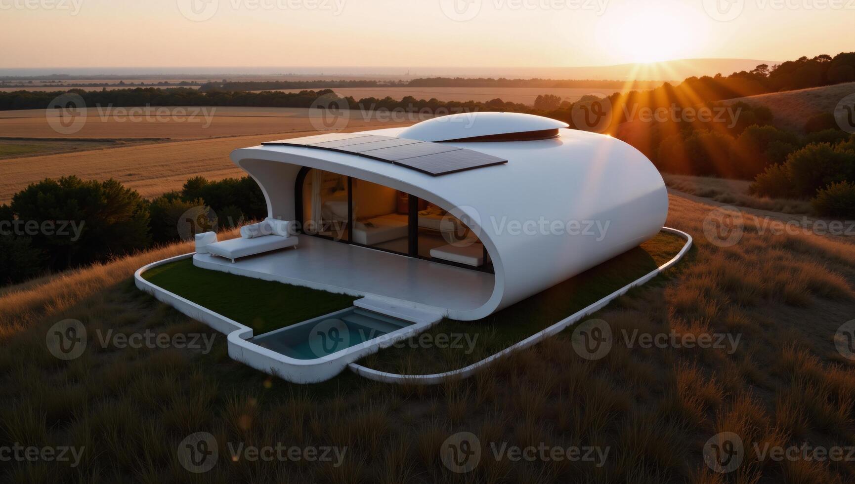 A sleek minimalist and luxurious ecohome sits on a hill at dusk under the warm glow of golden hour adorned with modern architecture sustainable design elements like photovoltaic solar panels and photo