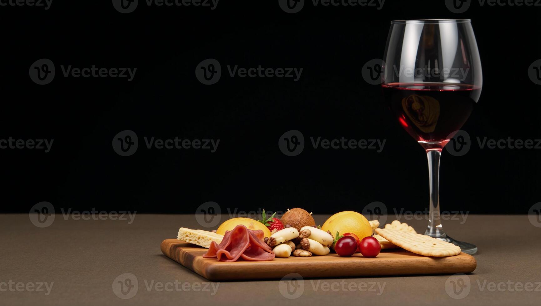 Two glasses of wine and charcuterie board set against a dark minimalist backdrop with ample room for text photo