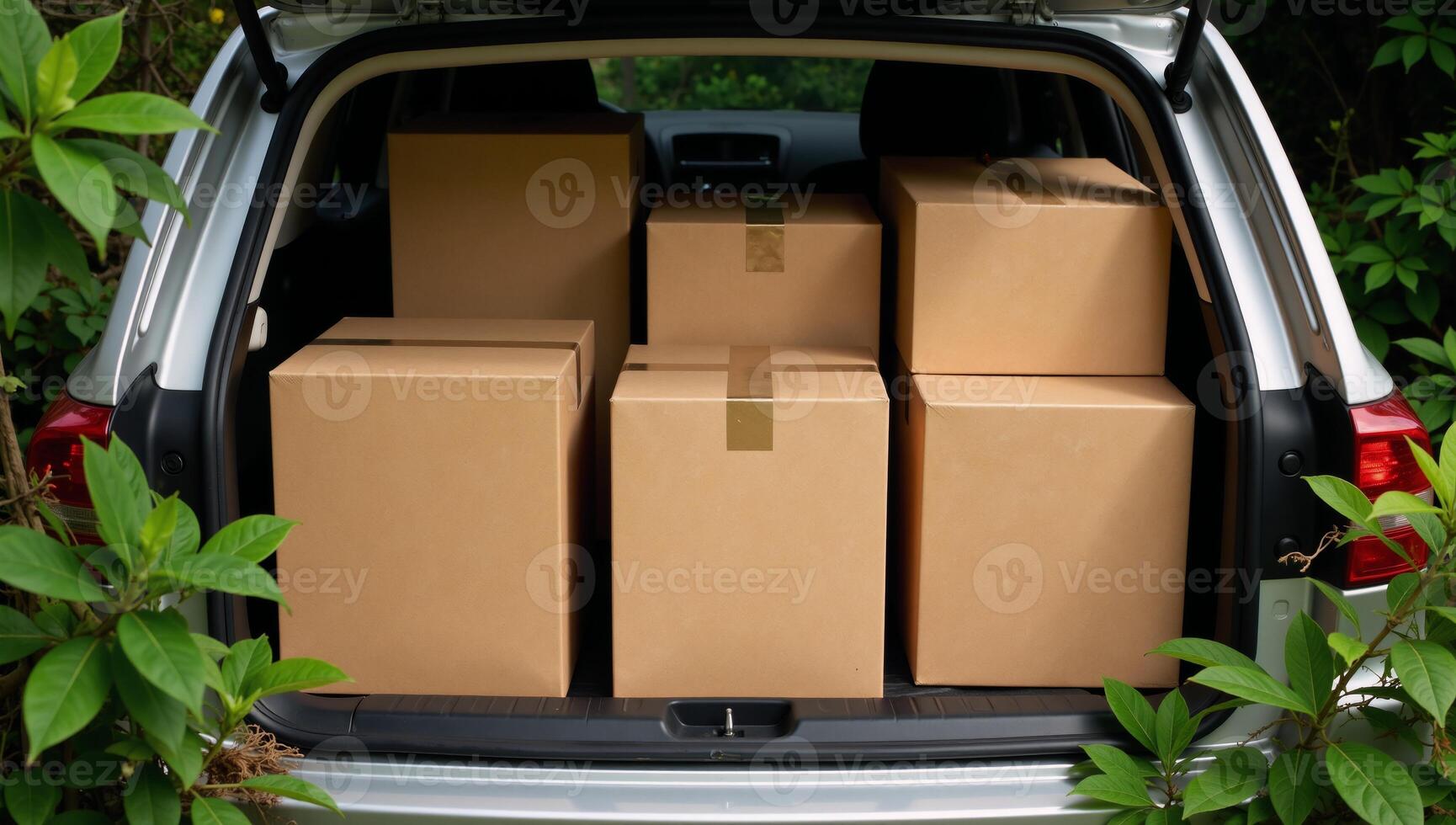 Packed car trunk filled with cardboard boxes amidst nature photo