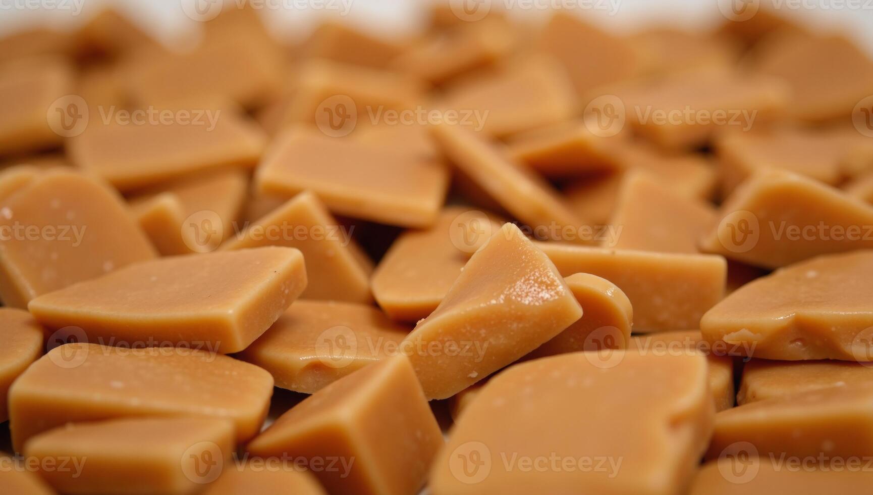 Closeup topdown view of irregularly shaped diced caramel chocolate pieces filling the frame photo