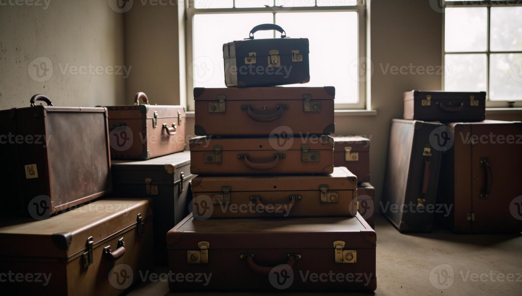 A room overflowing with aged suitcases oldfashioned clutter photo