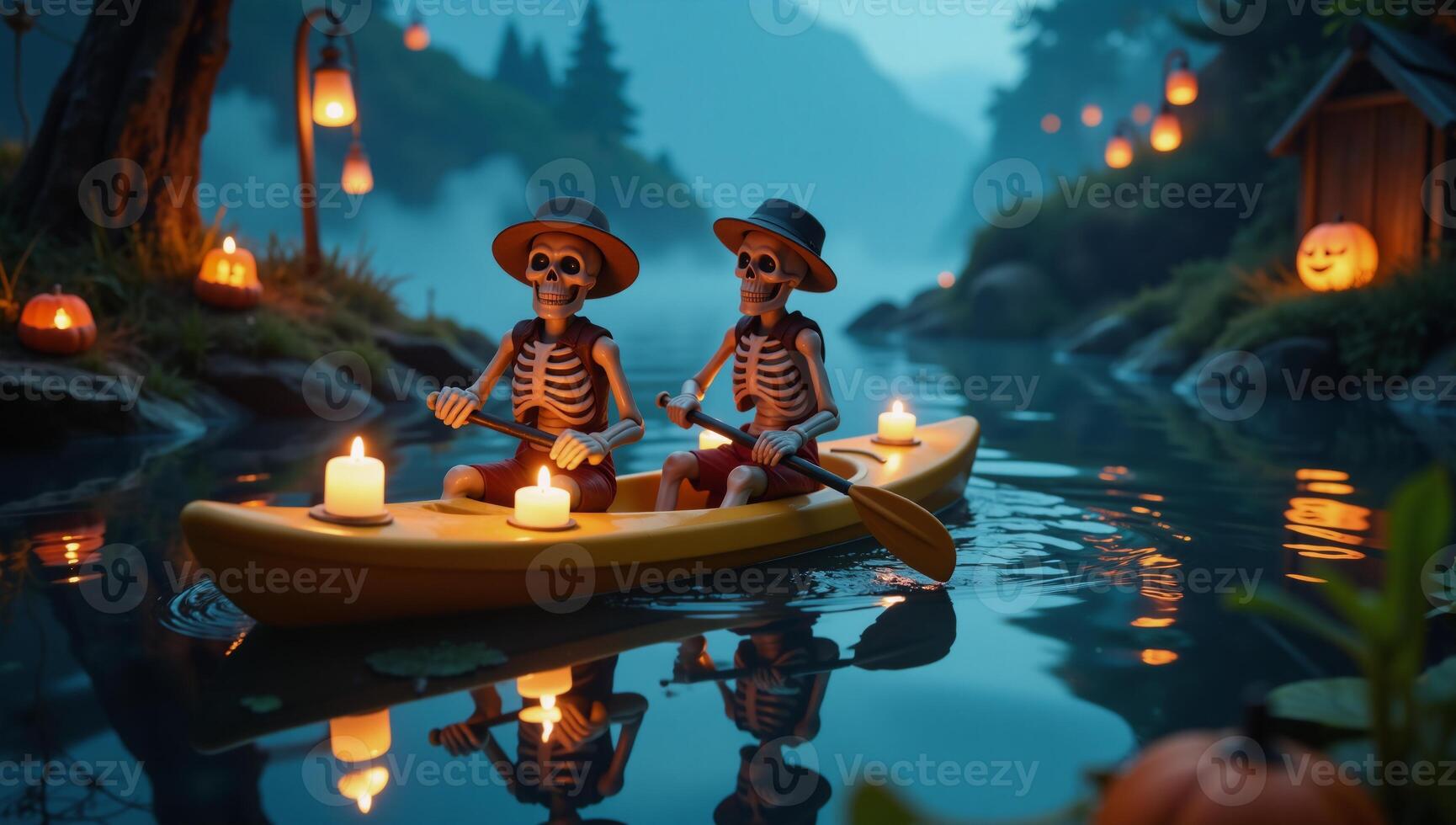 Two adventurous skeletons go kayaking under candlelight creating a fusion of whimsy and intrigue photo