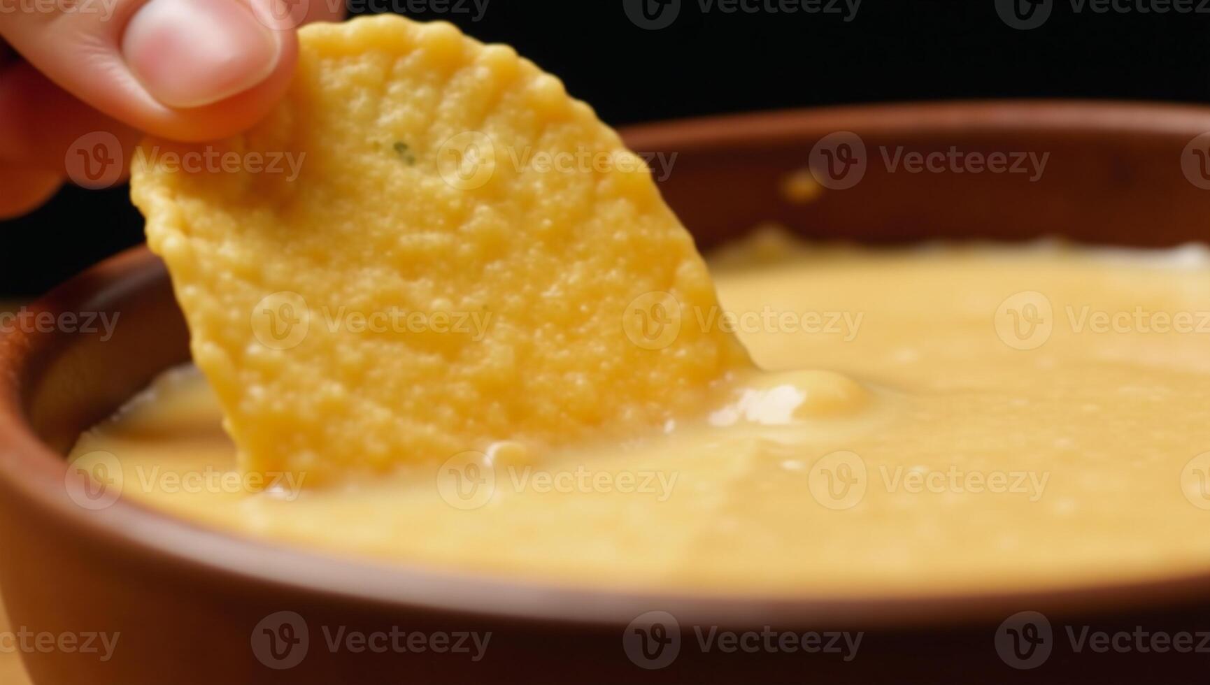 Crunchy potato chip in cheesy dip highlighting texture contrast photo