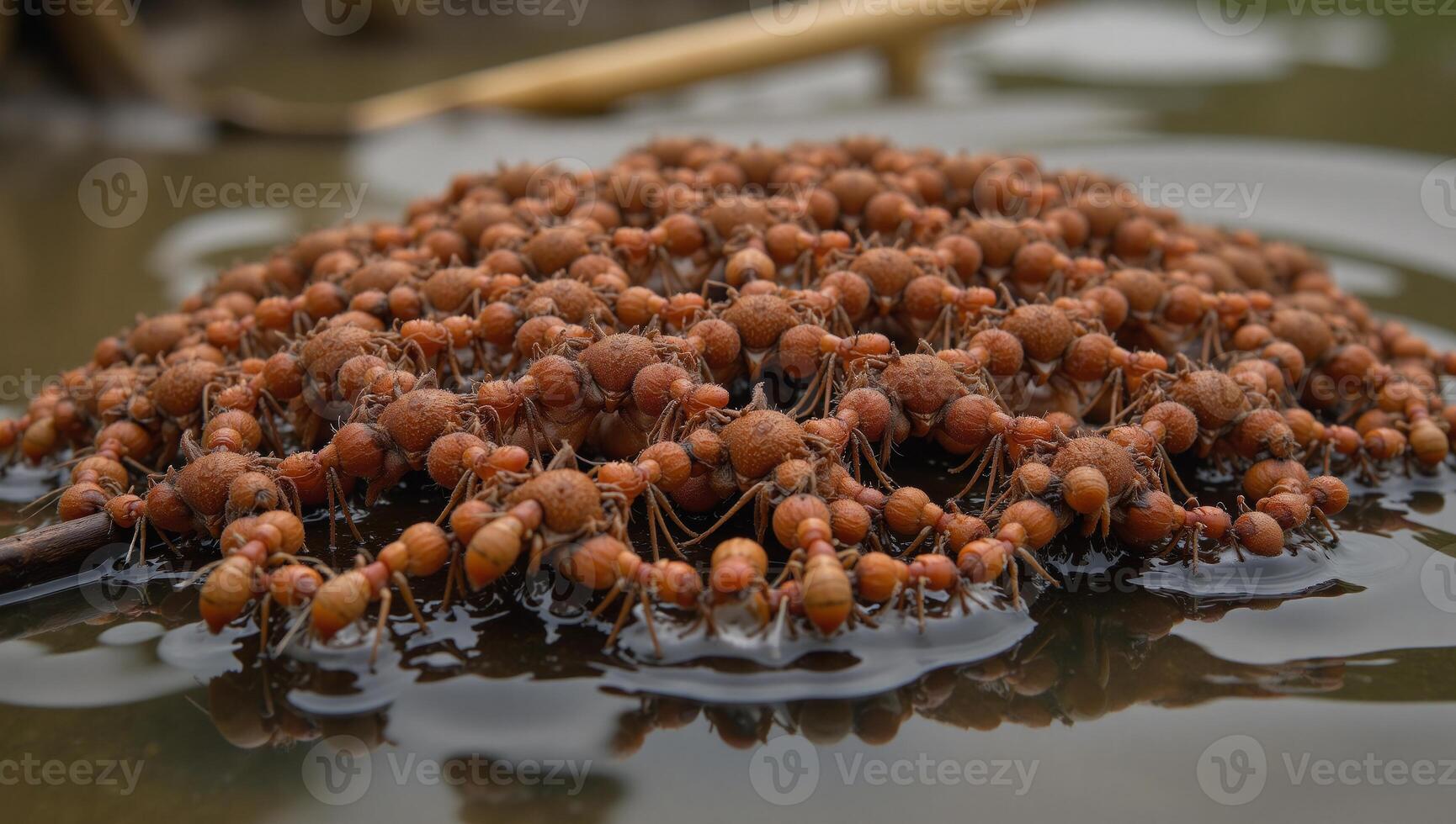 Fire ants construct a floating raft amidst floodwaters linked together intricately photo