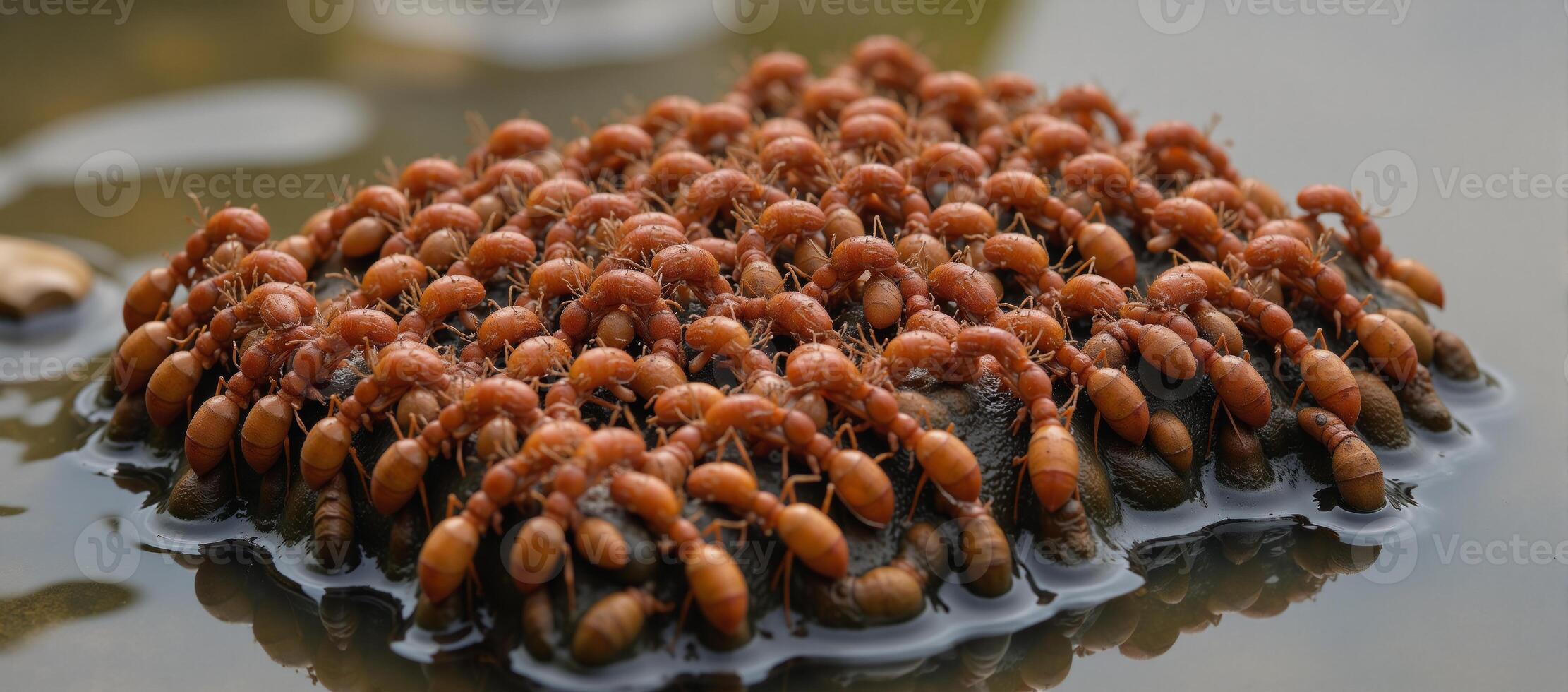 Fire ants construct a floating raft amidst floodwaters linked together ...