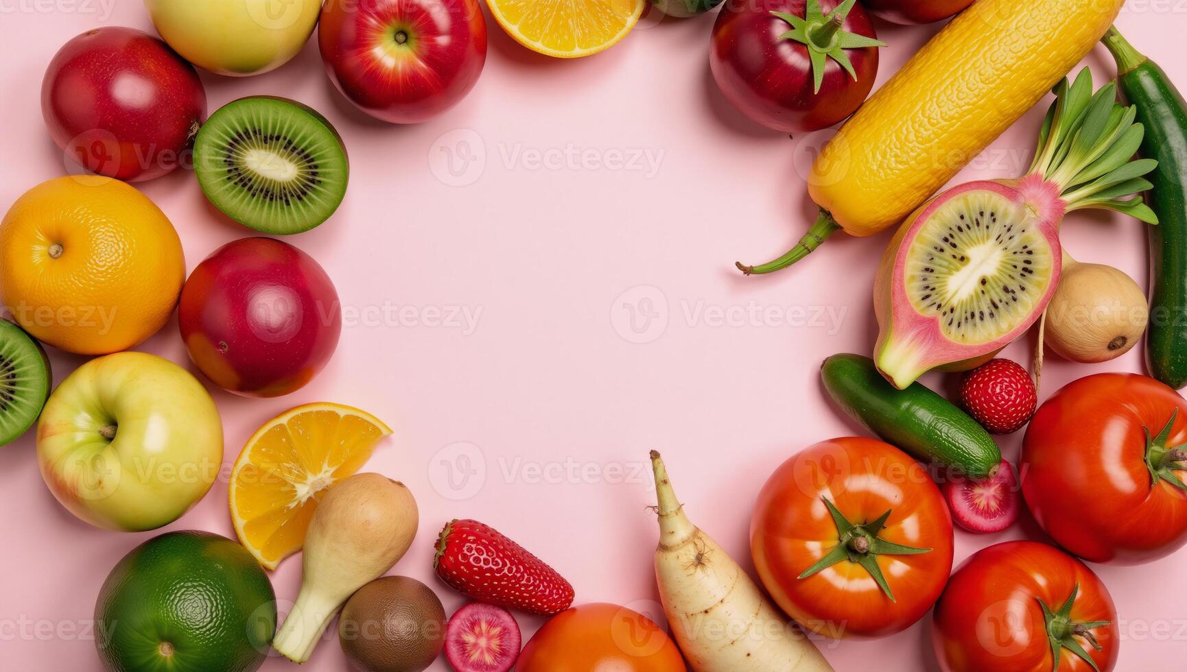Arrangement of assorted produce in a circular pattern against a dualtone backdrop pink white photo